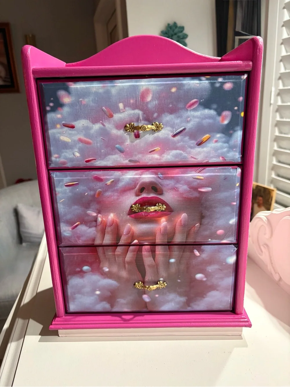 Hand-Painted Pink Whimsical Jewelry Box – 3 Drawer – One of a Kind